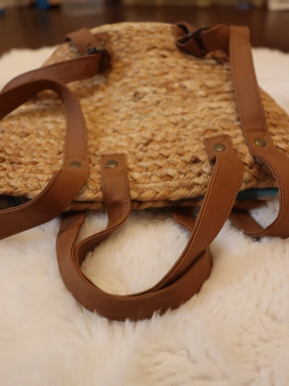 Woven Straw Tote Backpack with Brown Leather Straps